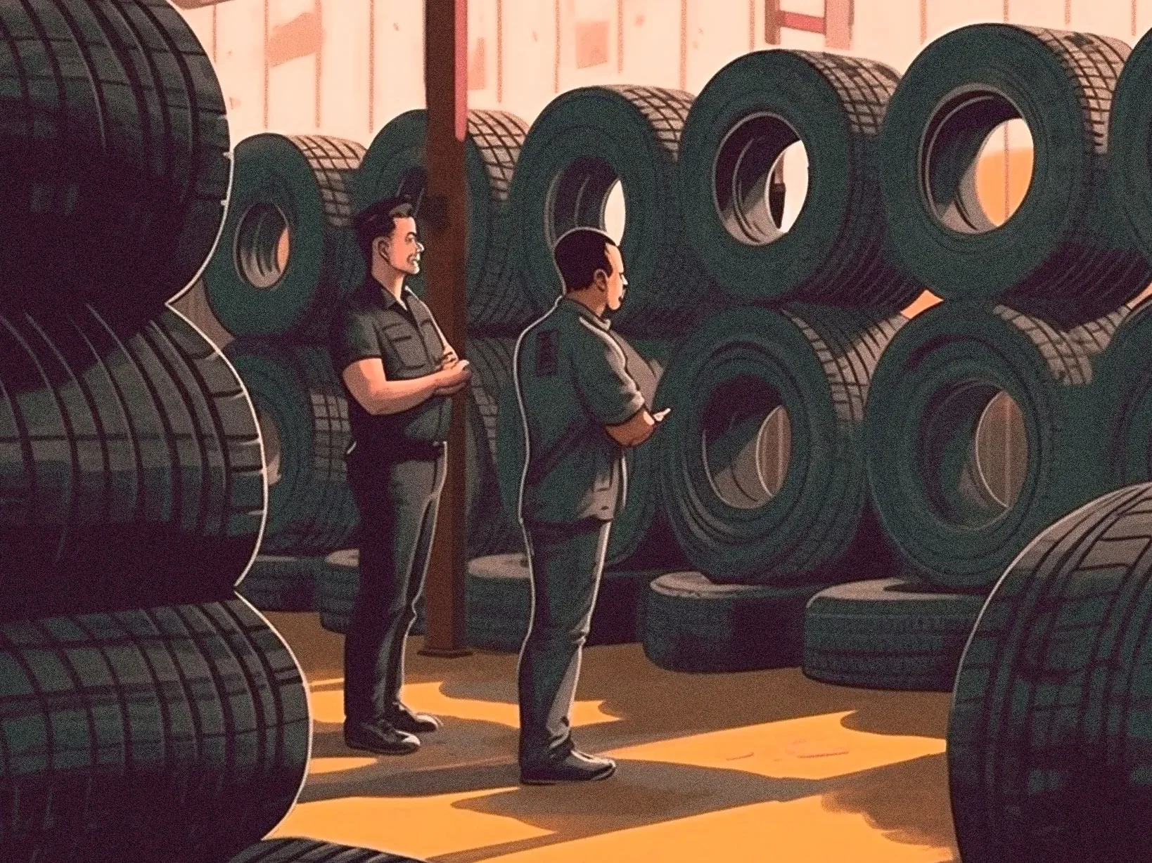 Illustration of a performance review in a tyre workshop