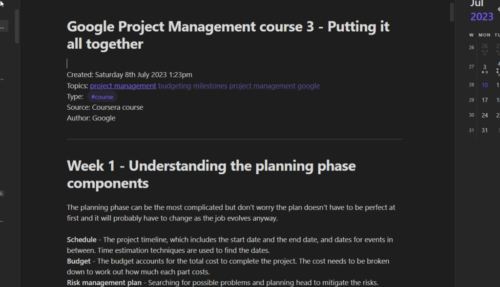 Screenshot of a note I am adding into obsidian for the project management course I am doing.